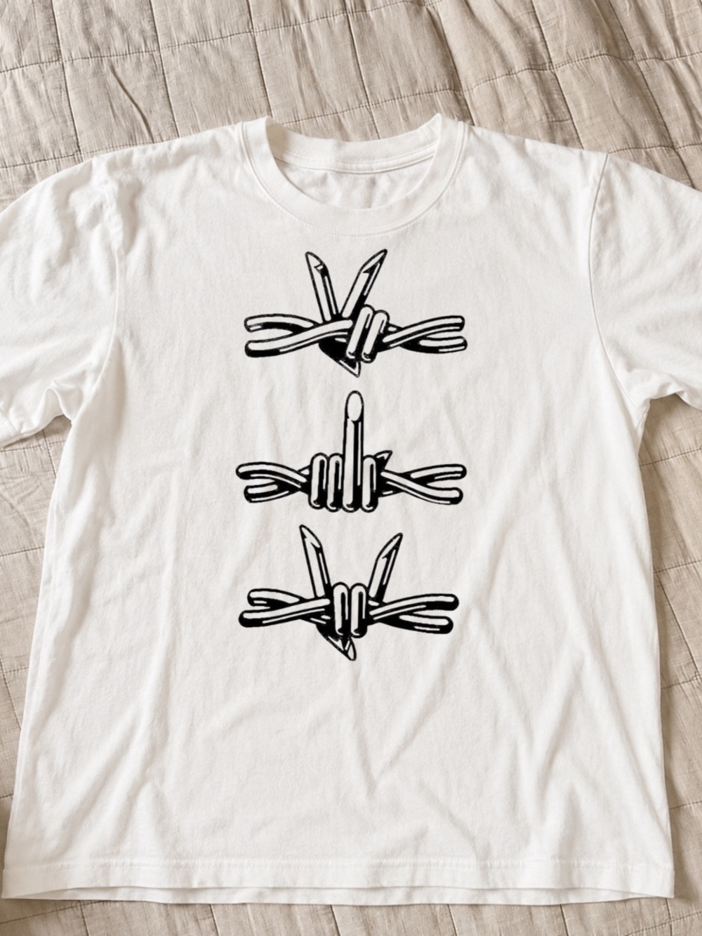White Short-Sleeve Tee with Black Barbed Wire Graphic